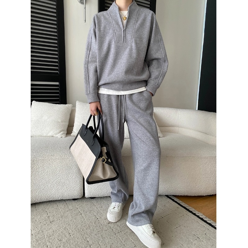 Sinan ženski sportski set u američkom stilu: fleece hoodie s djelomičnim zipom i široke hlače SN8309