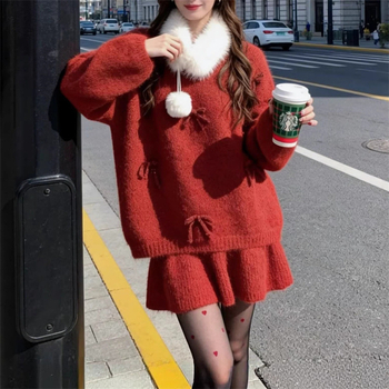 Ženski dvodijelni set: pleteni džemper i kratka suknja – jednostavan uzorak, tkanina akril/poliester, dugi rukavi