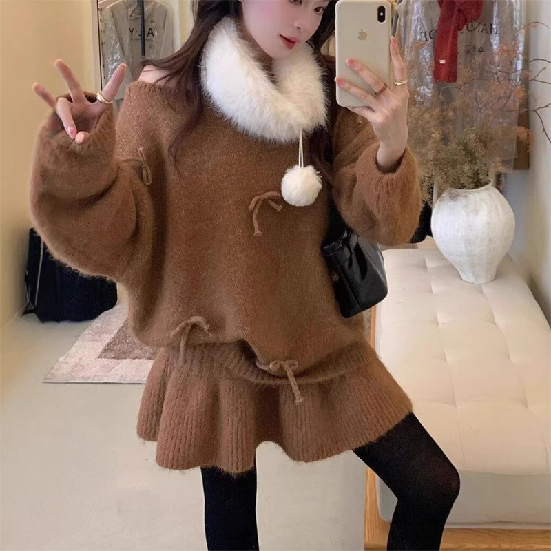 Ženski dvodijelni set: pleteni džemper i kratka suknja – jednostavan uzorak, tkanina akril/poliester, dugi rukavi