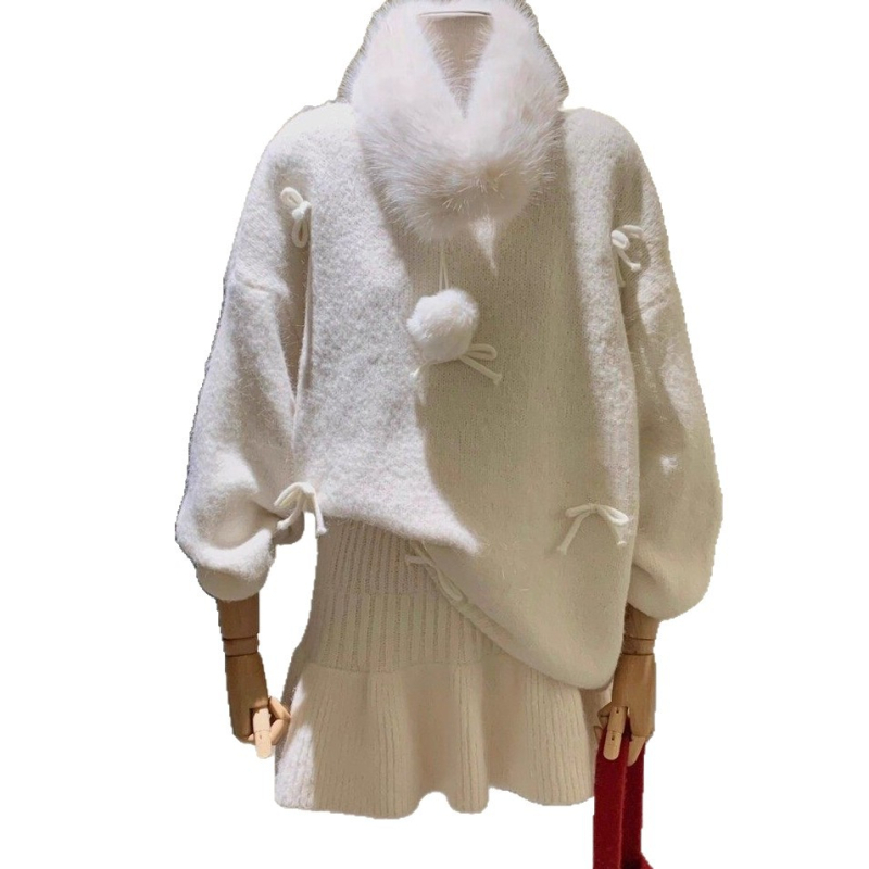 Ženski dvodijelni set: pleteni džemper i kratka suknja – jednostavan uzorak, tkanina akril/poliester, dugi rukavi