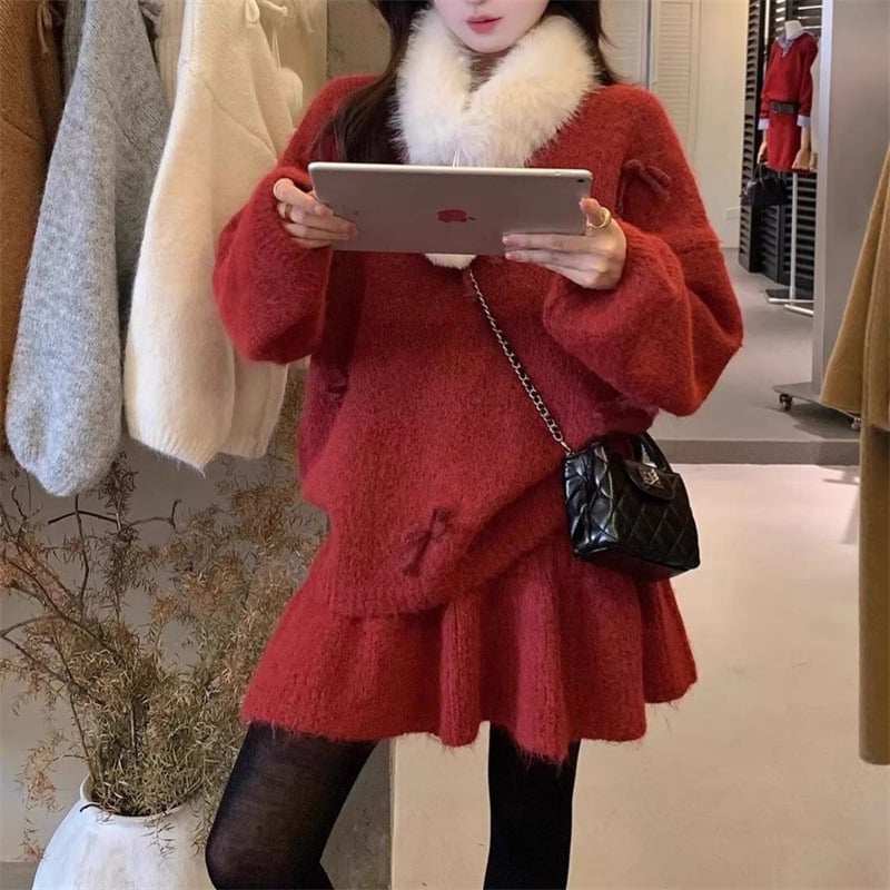 Ženski dvodijelni set: pleteni džemper i kratka suknja – jednostavan uzorak, tkanina akril/poliester, dugi rukavi