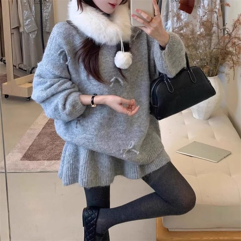 Ženski dvodijelni set: pleteni džemper i kratka suknja – jednostavan uzorak, tkanina akril/poliester, dugi rukavi