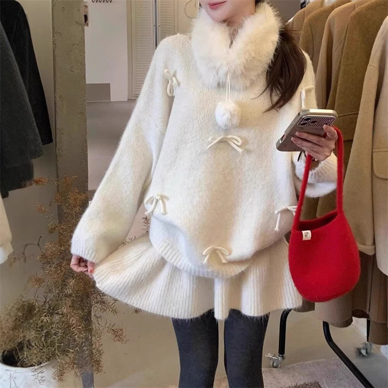 Ženski dvodijelni set: pleteni džemper i kratka suknja – jednostavan uzorak, tkanina akril/poliester, dugi rukavi