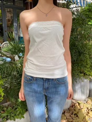 Top bustier fără bretele, croială mulată, din bumbac, culoare solidă, elasticitate ușoară (Colecția de iarnă 2025)