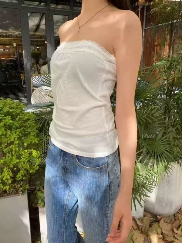 Top bustier fără bretele, croială mulată, din bumbac, culoare solidă, elasticitate ușoară (Colecția de iarnă 2025)