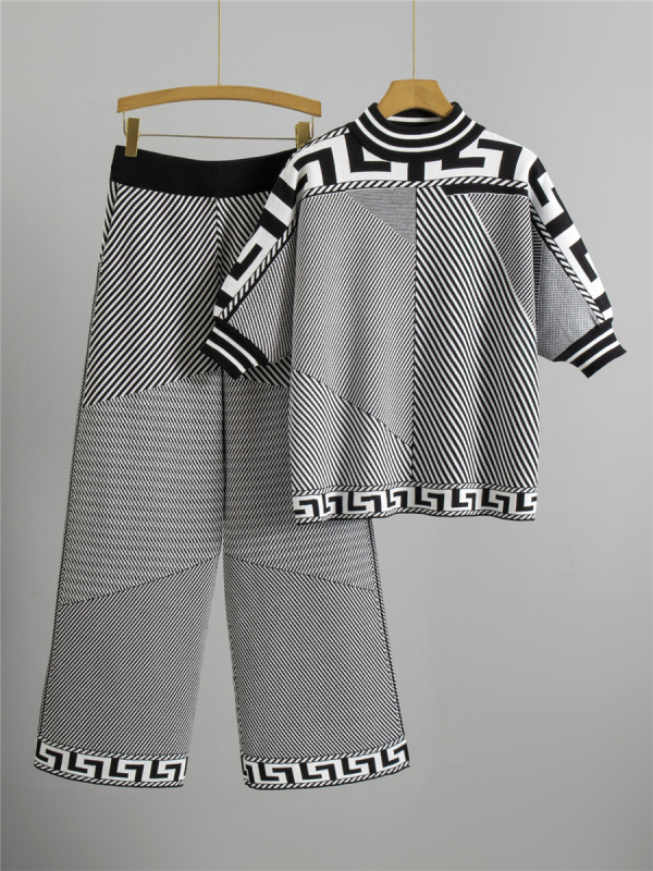 Ženski dvodijelni set: široke hlače s jacquard pletenim uzorkom, prugasto-karirani uzorak, viskoza-poliester smjesa, ljeto 2025, ležeran stil