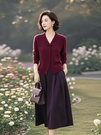 Set top tricotat și fustă, model monocrom, fustă de lungime medie, croi 3D, poliester, primăvara 2025