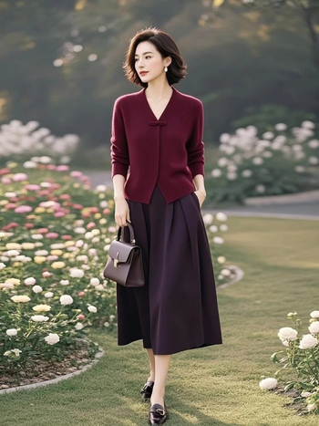 Set top tricotat și fustă, model monocrom, fustă de lungime medie, croi 3D, poliester, primăvara 2025