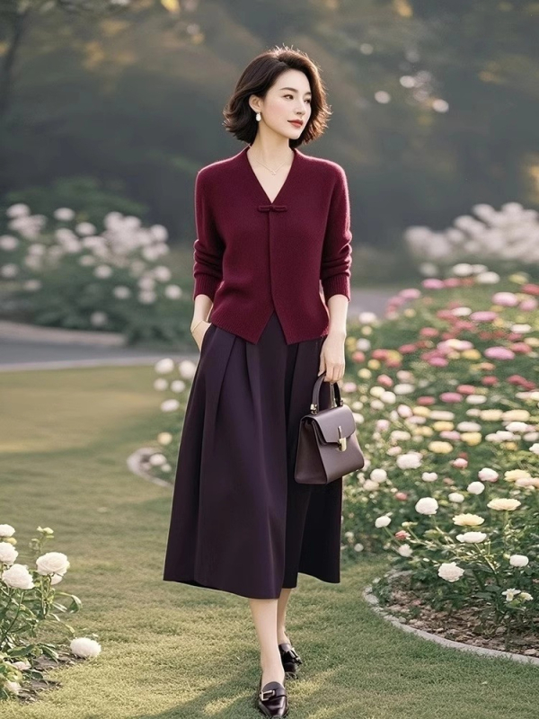 Set top tricotat și fustă, model monocrom, fustă de lungime medie, croi 3D, poliester, primăvara 2025