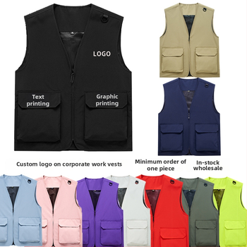 Vestă de lucru pentru bărbați cu buzunare multiple, rezistentă, croială lejeră, decolteu în V cu fermoar, stil cardigan; material principal: poliester; căptușeală: acetat; patru sezoane; logo personalizat