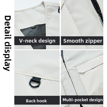 Vestă de lucru pentru bărbați cu buzunare multiple, rezistentă, croială lejeră, decolteu în V cu fermoar, stil cardigan; material principal: poliester; căptușeală: acetat; patru sezoane; logo personalizat