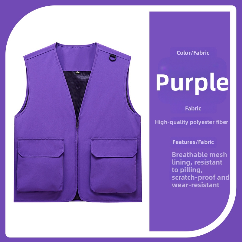 Vestă de lucru pentru bărbați cu buzunare multiple, rezistentă, croială lejeră, decolteu în V cu fermoar, stil cardigan; material principal: poliester; căptușeală: acetat; patru sezoane; logo personalizat