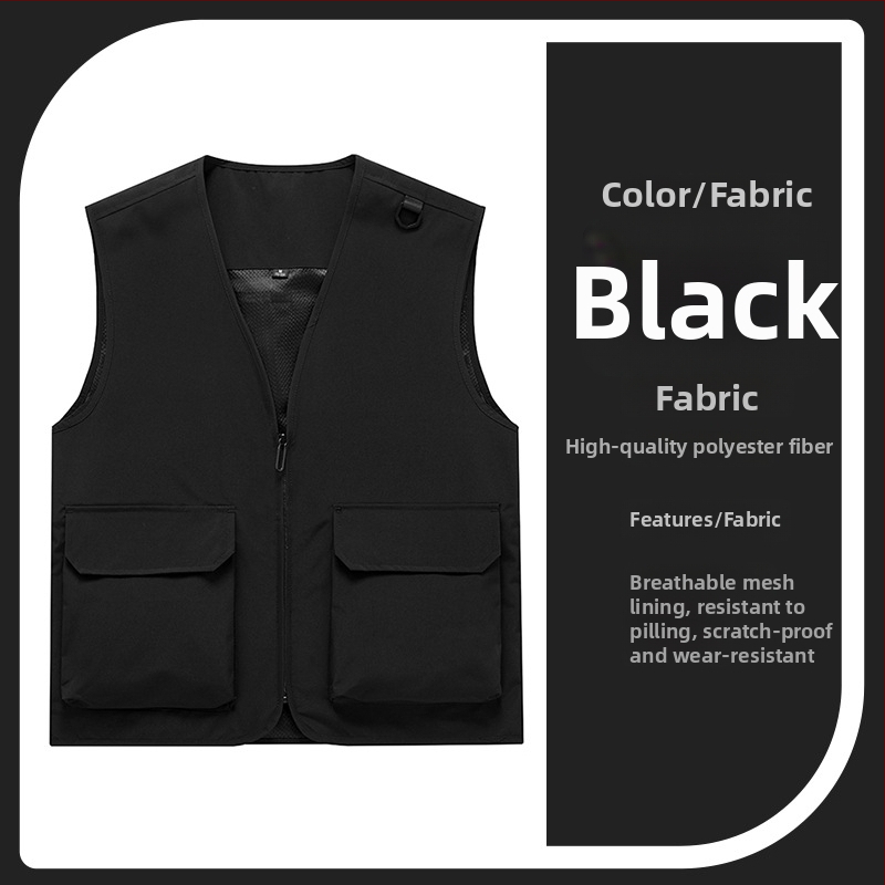 Vestă de lucru pentru bărbați cu buzunare multiple, rezistentă, croială lejeră, decolteu în V cu fermoar, stil cardigan; material principal: poliester; căptușeală: acetat; patru sezoane; logo personalizat