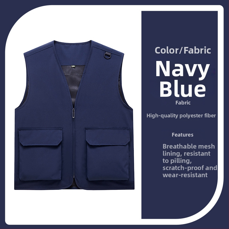 Vestă de lucru pentru bărbați cu buzunare multiple, rezistentă, croială lejeră, decolteu în V cu fermoar, stil cardigan; material principal: poliester; căptușeală: acetat; patru sezoane; logo personalizat