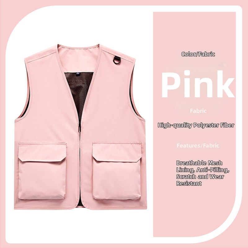 Vestă de lucru pentru bărbați cu buzunare multiple, rezistentă, croială lejeră, decolteu în V cu fermoar, stil cardigan; material principal: poliester; căptușeală: acetat; patru sezoane; logo personalizat