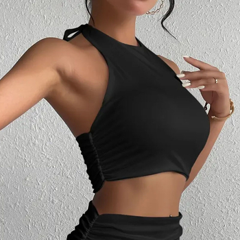 Top dama fără mâneci cu halter și spate deschis, stil elegant, croială lejeră, lungime ultra‑scurtă, Milk Silk, poliester 90–95%