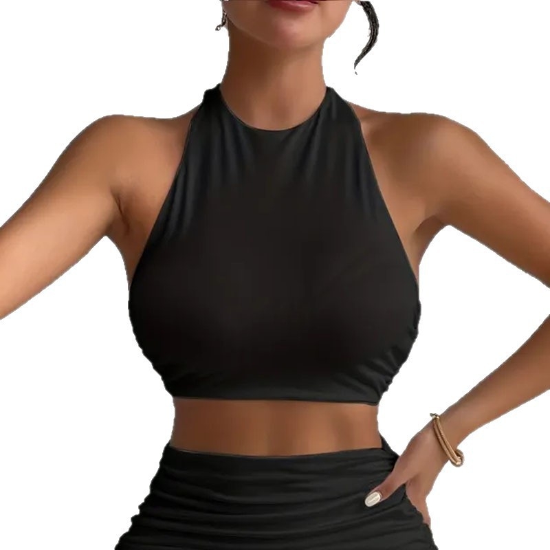 Top dama fără mâneci cu halter și spate deschis, stil elegant, croială lejeră, lungime ultra‑scurtă, Milk Silk, poliester 90–95%