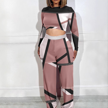 Set femeie din două piese cu mâneci lungi și pantaloni largi, imprimeu; țesătură Zhigong; amestec poliester-spandex (80–90% poliester, 70–80% spandex); potrivit pentru toate anotimpurile