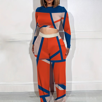 Set femeie din două piese cu mâneci lungi și pantaloni largi, imprimeu; țesătură Zhigong; amestec poliester-spandex (80–90% poliester, 70–80% spandex); potrivit pentru toate anotimpurile