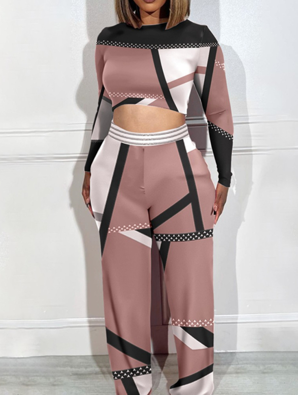 Set femeie din două piese cu mâneci lungi și pantaloni largi, imprimeu; țesătură Zhigong; amestec poliester-spandex (80–90% poliester, 70–80% spandex); potrivit pentru toate anotimpurile