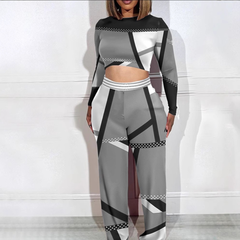 Set femeie din două piese cu mâneci lungi și pantaloni largi, imprimeu; țesătură Zhigong; amestec poliester-spandex (80–90% poliester, 70–80% spandex); potrivit pentru toate anotimpurile