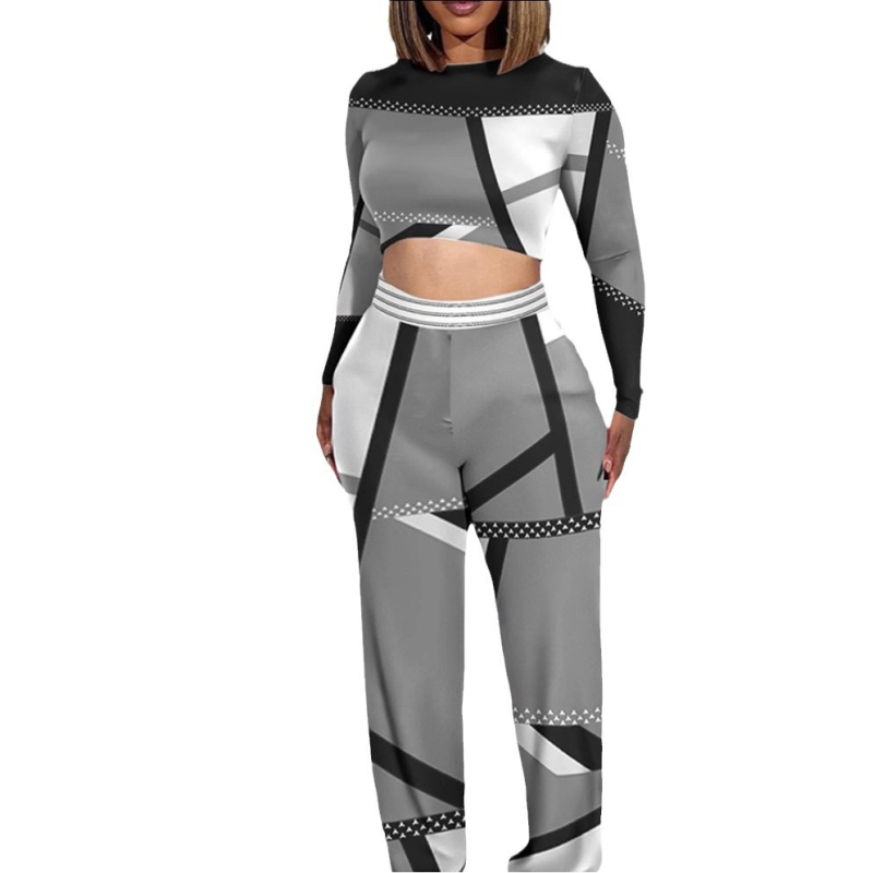 Set femeie din două piese cu mâneci lungi și pantaloni largi, imprimeu; țesătură Zhigong; amestec poliester-spandex (80–90% poliester, 70–80% spandex); potrivit pentru toate anotimpurile