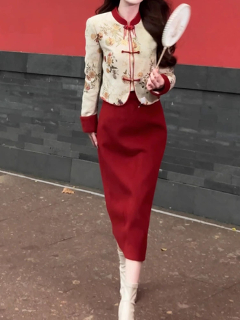 Set od dva dijela s quilted jaknom u Qipao stilu, dugi rukavi, suknja-kostim, Zima 2025, poliester
