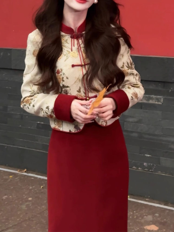 Set od dva dijela s quilted jaknom u Qipao stilu, dugi rukavi, suknja-kostim, Zima 2025, poliester