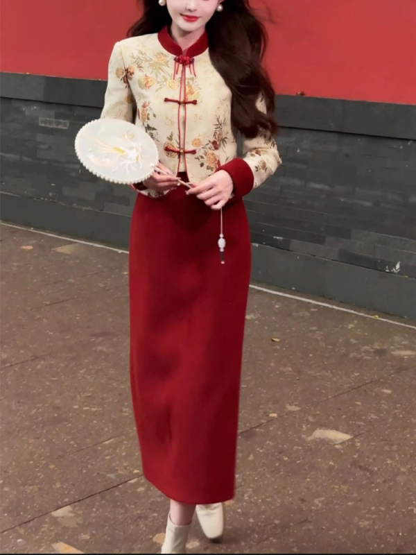 Set od dva dijela s quilted jaknom u Qipao stilu, dugi rukavi, suknja-kostim, Zima 2025, poliester