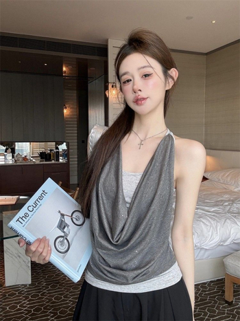 Lažni dvodjelni set camisole s halterom — uski kroj, V-izrez, Modal tkanina, 70–80% Modal, duljina 50–65 cm, ljeto 2025