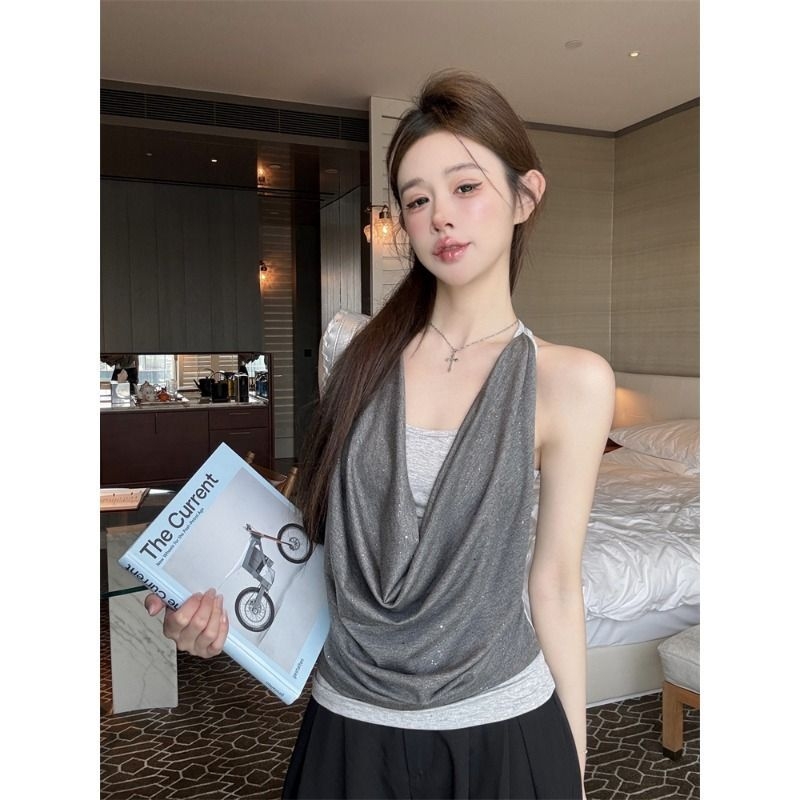Lažni dvodjelni set camisole s halterom — uski kroj, V-izrez, Modal tkanina, 70–80% Modal, duljina 50–65 cm, ljeto 2025