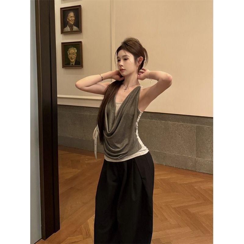 Lažni dvodjelni set camisole s halterom — uski kroj, V-izrez, Modal tkanina, 70–80% Modal, duljina 50–65 cm, ljeto 2025