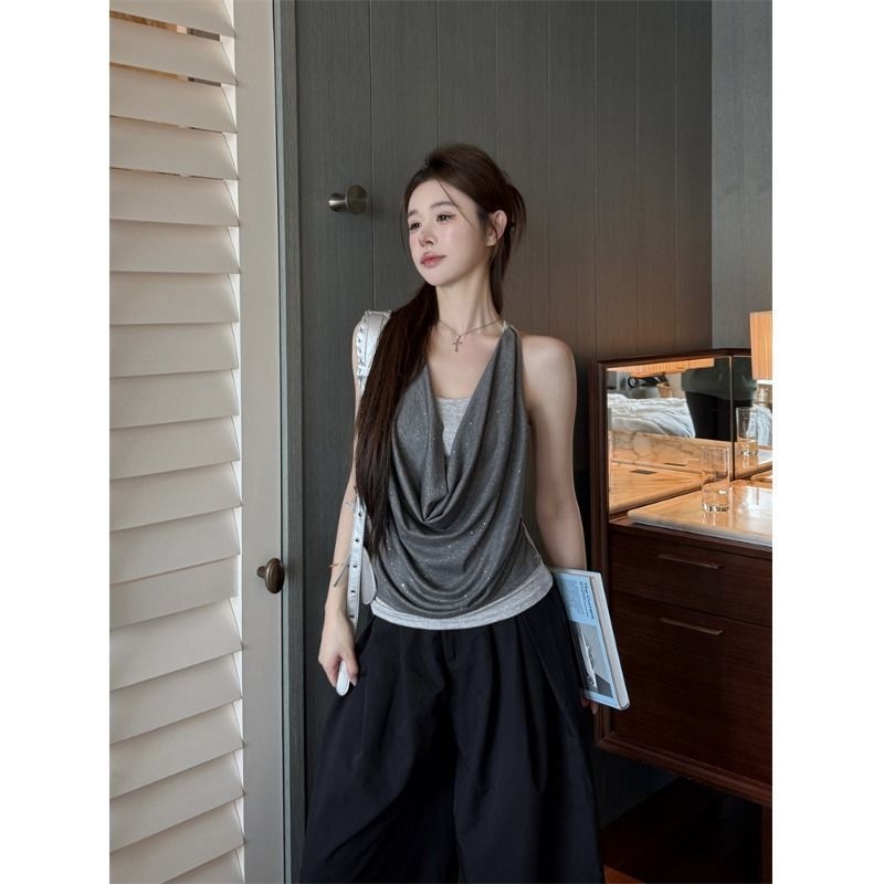 Lažni dvodjelni set camisole s halterom — uski kroj, V-izrez, Modal tkanina, 70–80% Modal, duljina 50–65 cm, ljeto 2025