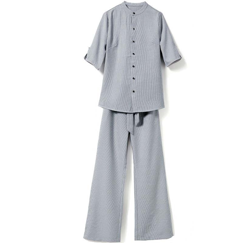 Ženski set s širokim hlačama i prugama, pamuk, 3/4 rukava, ležerni japansko-korejski stil