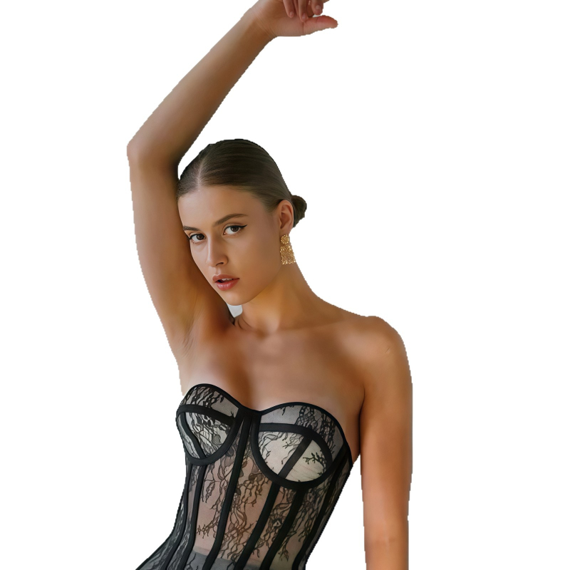 Tube-top grudnjak bez naramenica, koštice šalice, čipka božura, stražnji remen, polyester 70–80%