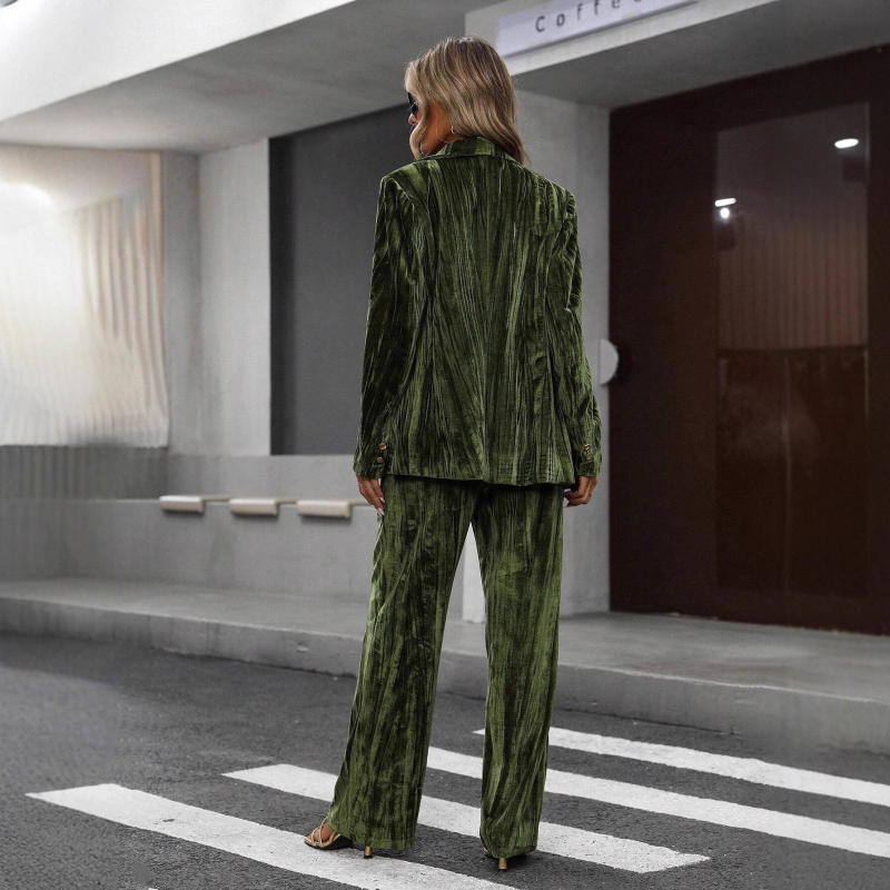 Costum de catifea cu pantaloni largi, set din două piese cu top patchwork cu mâneci lungi, 90-95% poliester cu elastan