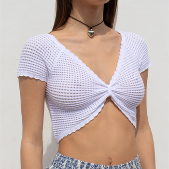 Ženski beznaramenični pleteni tube top za vanjsku upotrebu, proziran dizajn, kratka duljina, akril 95%+, poliester 30-50%