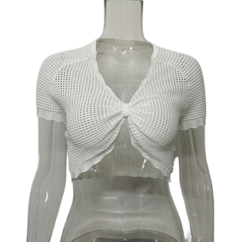 Ženski beznaramenični pleteni tube top za vanjsku upotrebu, proziran dizajn, kratka duljina, akril 95%+, poliester 30-50%