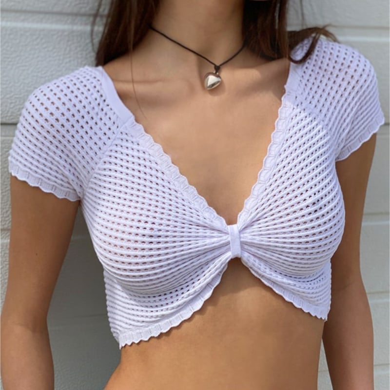 Ženski beznaramenični pleteni tube top za vanjsku upotrebu, proziran dizajn, kratka duljina, akril 95%+, poliester 30-50%