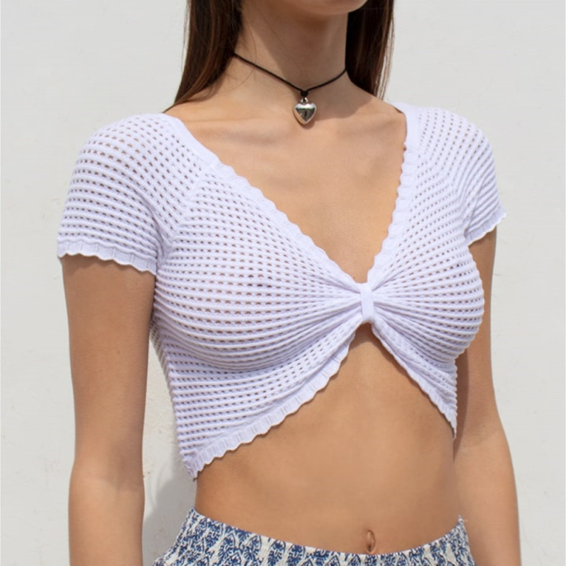 Ženski beznaramenični pleteni tube top za vanjsku upotrebu, proziran dizajn, kratka duljina, akril 95%+, poliester 30-50%