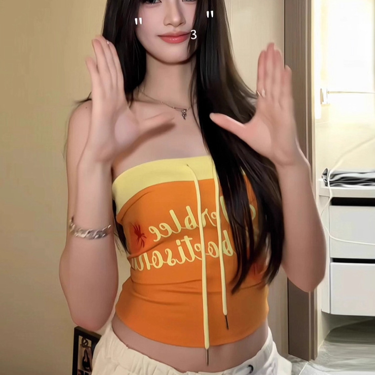 Kratki top bez leđa s printom slova – poliester, uski kroj, kratka duljina, Wrap Top stil