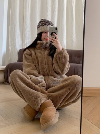 Set de pijamale pentru femei, două piese, cu căptușeală fleece, guler înalt, croială lejeră, stil coreean, țesătură velur dublu față, 95% poliester