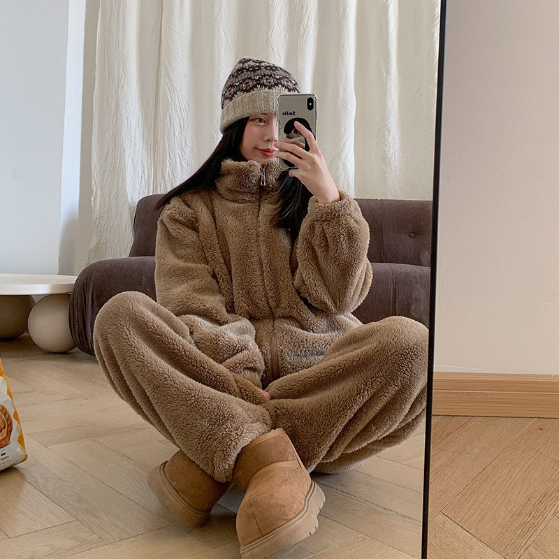 Set de pijamale pentru femei, două piese, cu căptușeală fleece, guler înalt, croială lejeră, stil coreean, țesătură velur dublu față, 95% poliester