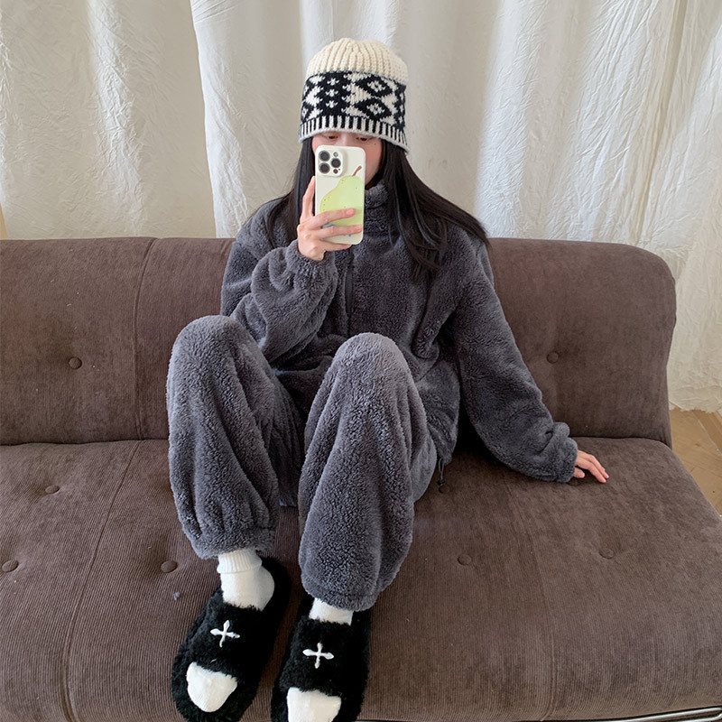 Set de pijamale pentru femei, două piese, cu căptușeală fleece, guler înalt, croială lejeră, stil coreean, țesătură velur dublu față, 95% poliester