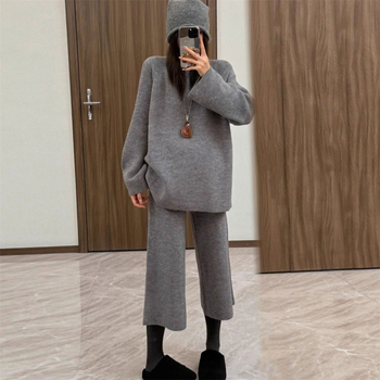 Set din tricot pentru femei cu pulover și pantaloni largi, două piese, costum casual pentru toamnă/iarnă, poliester/spandex, model solid