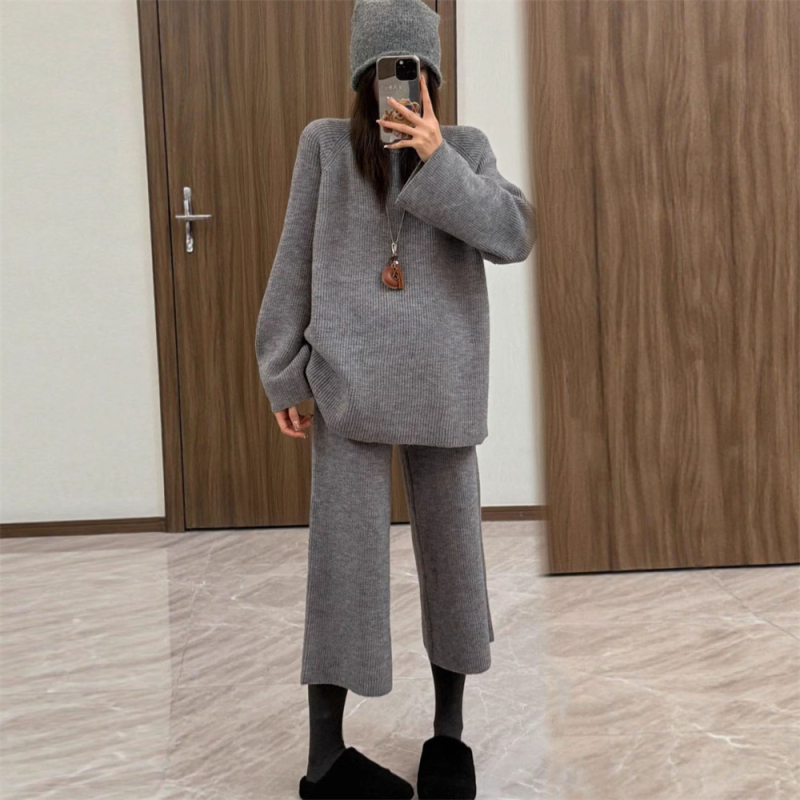 Set din tricot pentru femei cu pulover și pantaloni largi, două piese, costum casual pentru toamnă/iarnă, poliester/spandex, model solid