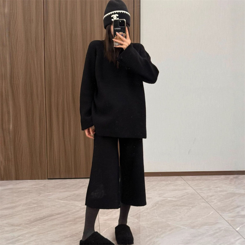 Set din tricot pentru femei cu pulover și pantaloni largi, două piese, costum casual pentru toamnă/iarnă, poliester/spandex, model solid