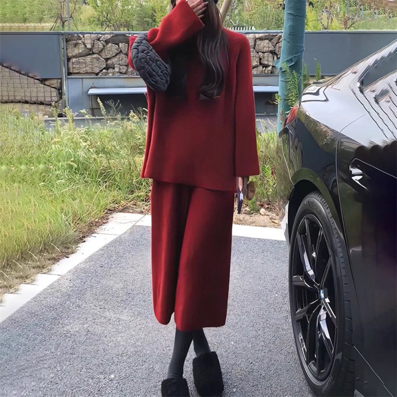 Set din tricot pentru femei cu pulover și pantaloni largi, două piese, costum casual pentru toamnă/iarnă, poliester/spandex, model solid