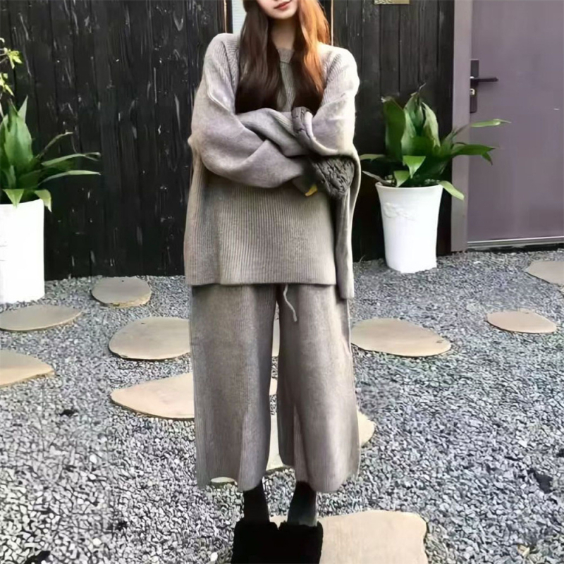 Set din tricot pentru femei cu pulover și pantaloni largi, două piese, costum casual pentru toamnă/iarnă, poliester/spandex, model solid