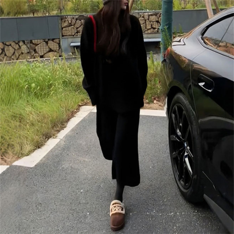 Set din tricot pentru femei cu pulover și pantaloni largi, două piese, costum casual pentru toamnă/iarnă, poliester/spandex, model solid